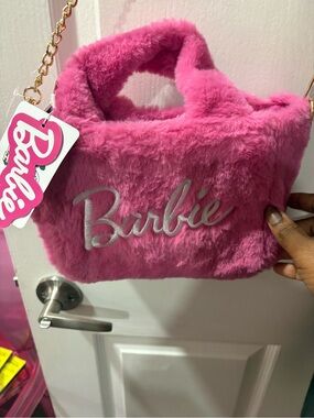 Barbie Hot Pink Fuzzy Tote with Gold Chain Strap